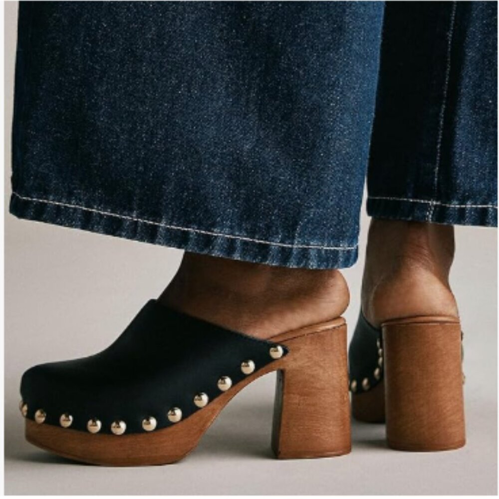 YDN Black Platform Slip On Clogs Mules Cork High Heel Round Toe Rivet Sandals